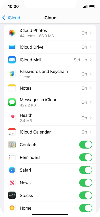 Press the indicators next to the required data types to turn synchronisation of each data type on or off.