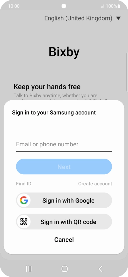 If you don't have a Samsung account, press Create account and follow the instructions on the screen to create an account.