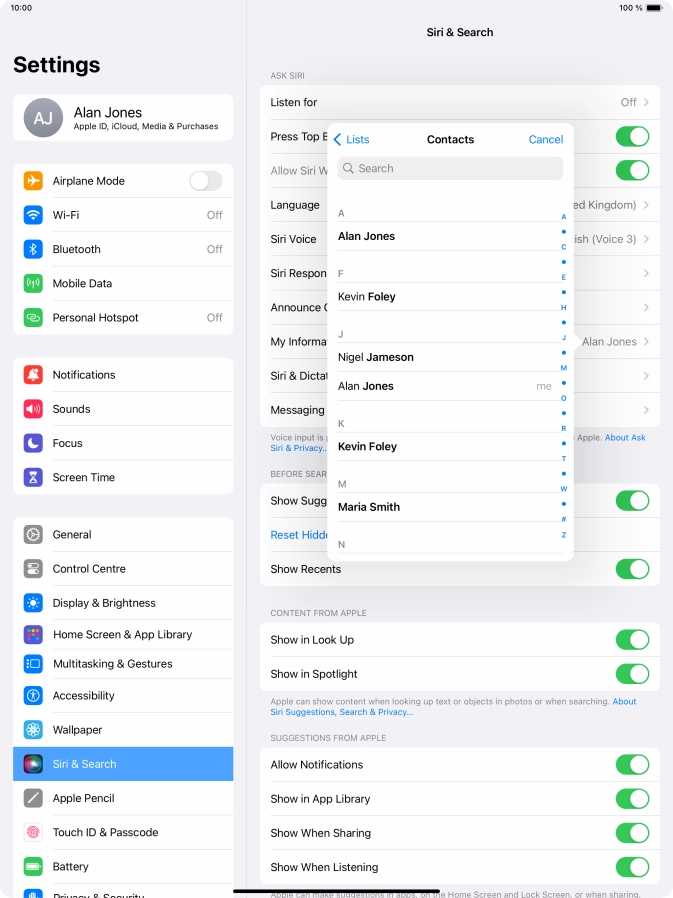 Press the required contact.