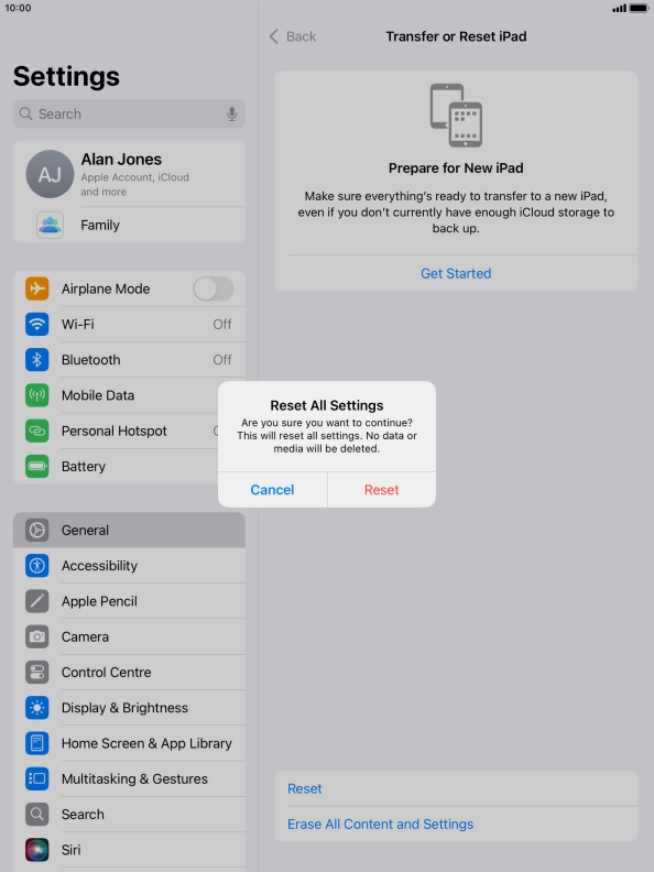 Press Reset. Wait a moment while the factory default settings are restored. Follow the instructions on the screen to set up your tablet and prepare it for use. Press Reset. Wait a moment while the factory default settings are restored. Follow the instructions on the screen to set up your tablet and prepare it for use.