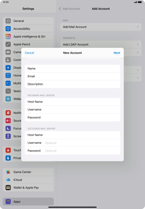 Press Username and key in the username for your email account.