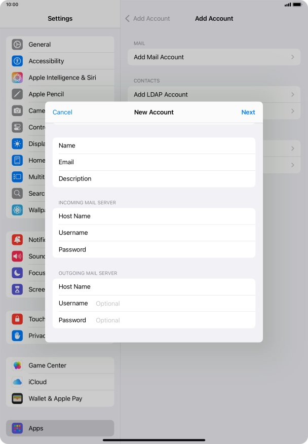 Press Username and key in the username for your email account.