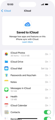 Press the indicators next to the required data types to turn synchronisation of each data type on or off.