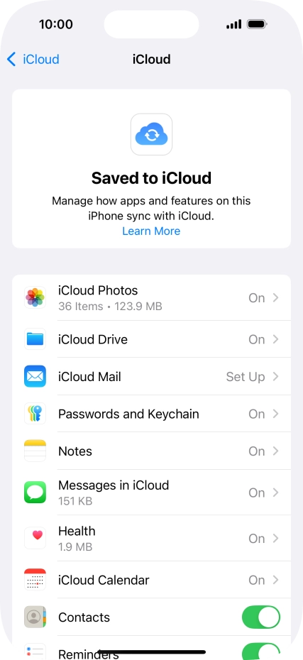 Press the indicators next to the required data types to turn synchronisation of each data type on or off.