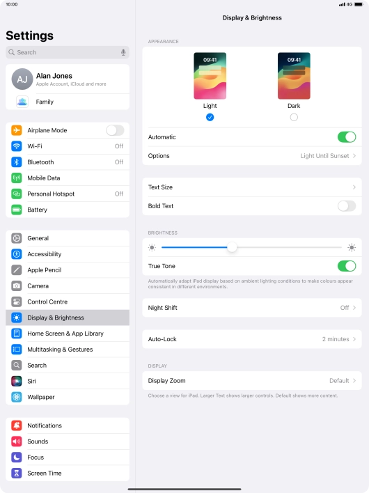 If you turn on the function, press Options and follow the instructions on the screen to select the required period of time for Dark Mode.