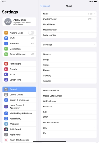 Your tablet's software version is displayed next to iPadOS Version.