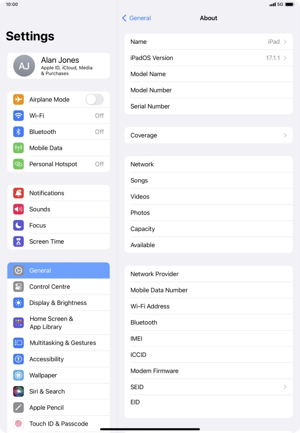 Your tablet's software version is displayed next to iPadOS Version.