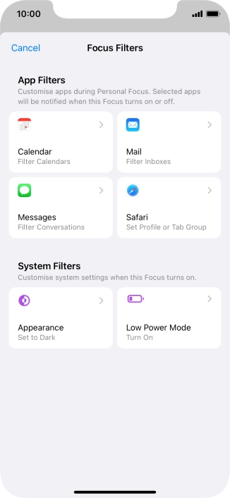 To see specific calendars in the selected focus mode, press Calendar and follow the instructions on the screen to select the required calendars.
