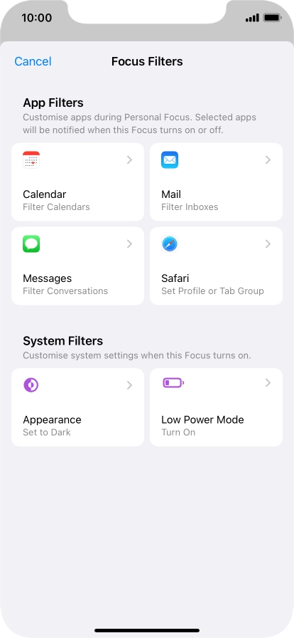 To see specific calendars in the selected focus mode, press Calendar and follow the instructions on the screen to select the required calendars.