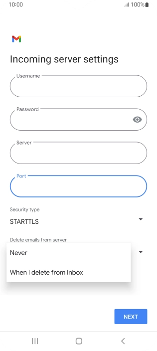 Press Never to keep email messages on the server when you delete them on your phone.