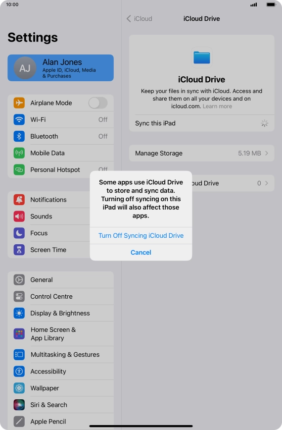 If you turn off the function, press Turn Off Syncing iCloud Drive. If you turn off the function, press Turn Off Syncing iCloud Drive.