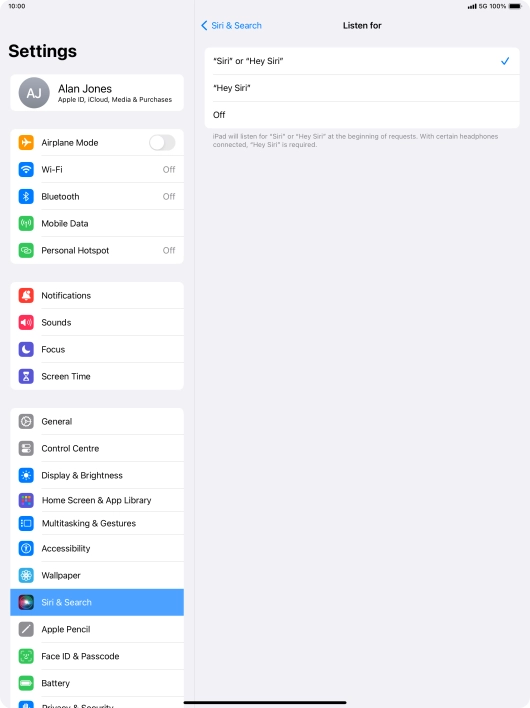 Press the required setting to turn the function on or off. If you turn on the function, you need to follow the instructions on the screen to set up Siri to recognise your voice.