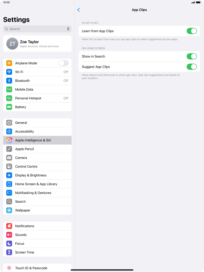 Press the indicators next to the required settings to turn them on or off.
