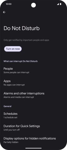 Press Turn on now to turn the function on or off.