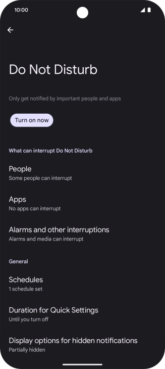 Press Turn on now to turn the function on or off.