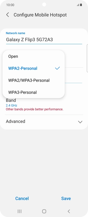 Press WPA3-Personal to password protect your Wi-Fi hotspot.