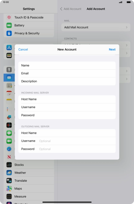 Press Username and key in the username for your email account.