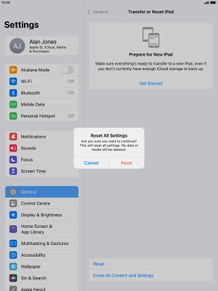 Press Reset. Wait a moment while the factory default settings are restored. Follow the instructions on the screen to set up your tablet and prepare it for use.