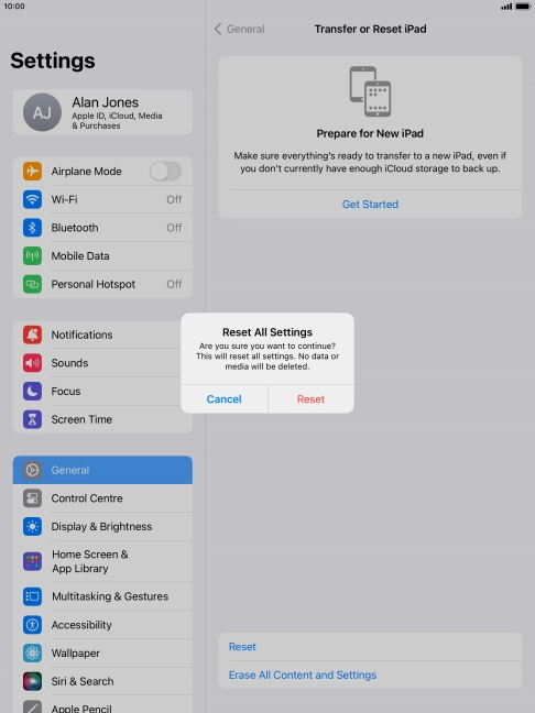 Press Reset. Wait a moment while the factory default settings are restored. Follow the instructions on the screen to set up your tablet and prepare it for use.