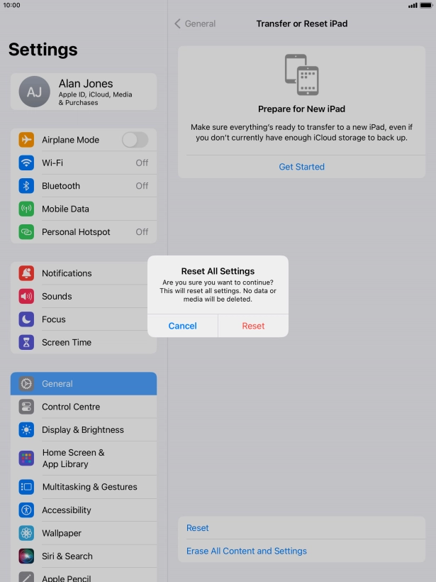Press Reset. Wait a moment while the factory default settings are restored. Follow the instructions on the screen to set up your tablet and prepare it for use.