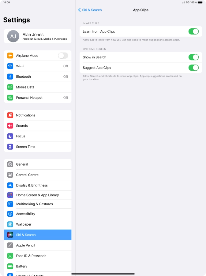 Press the indicators next to the required settings to turn them on or off.