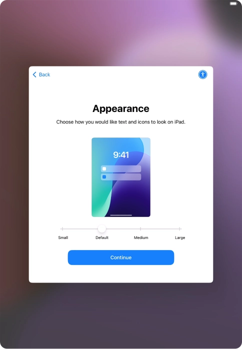Select the required text and icon size on your tablet and press Continue.