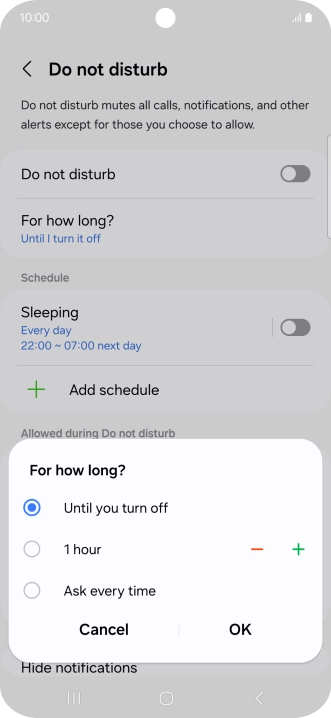 Press the required setting.