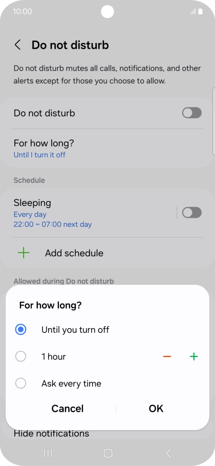 Press the required setting.