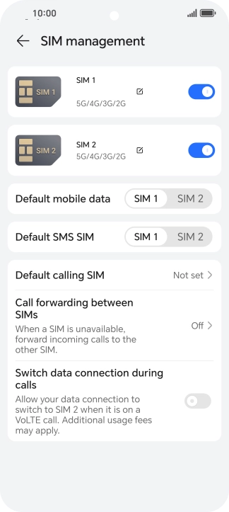 Press the indicator next to the required SIM to turn use of the SIM on or off.