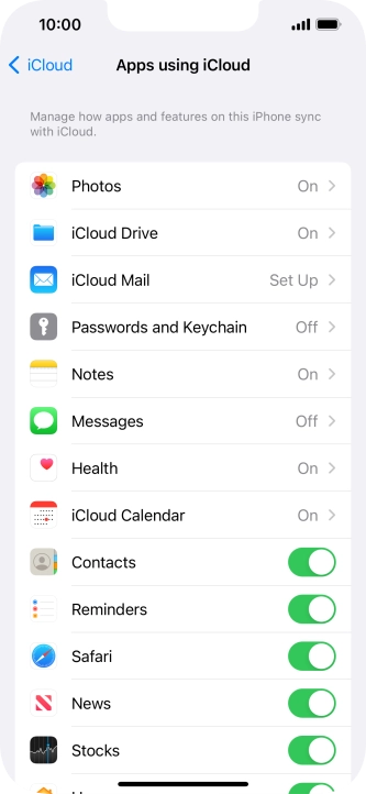 Press the indicators next to the required data types to turn synchronisation of each data type on or off.