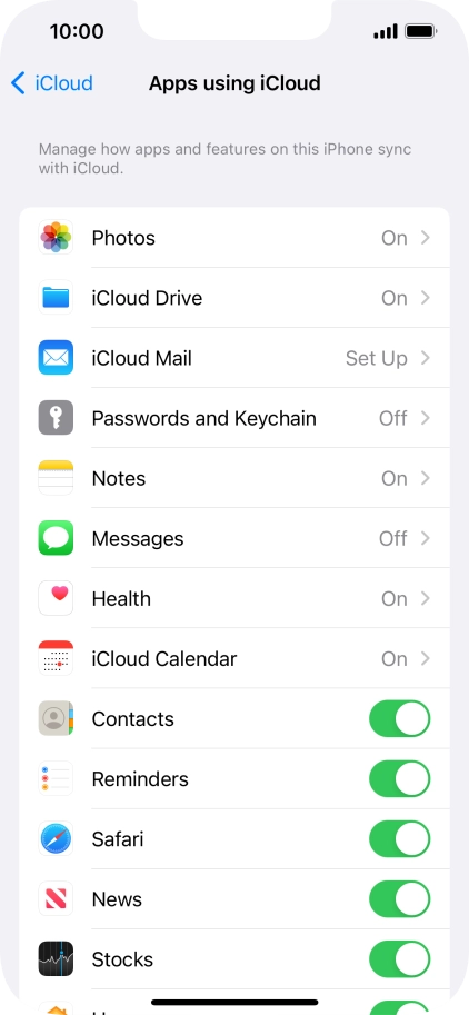 Press the indicators next to the required data types to turn synchronisation of each data type on or off.