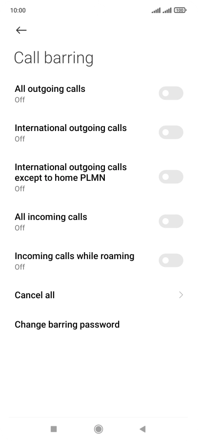 Press the indicator next to the required barring type to turn the function on or off.