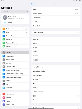Your tablet's software version is displayed next to iPadOS Version. Your tablet's software version is displayed next to iPadOS Version.