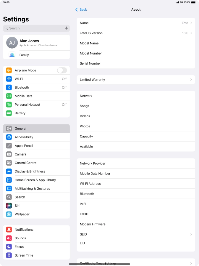 Your tablet's software version is displayed next to iPadOS Version. Your tablet's software version is displayed next to iPadOS Version.