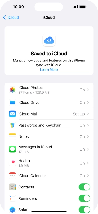 Press the indicators next to the required data types to turn synchronisation of each data type on or off.