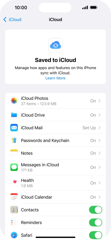 Press the indicators next to the required data types to turn synchronisation of each data type on or off.