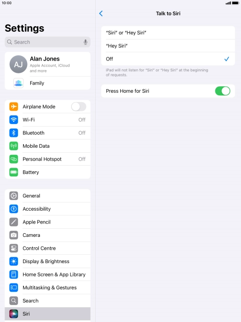 Press the required setting to turn the function on or off. If you turn on the function, you need to follow the instructions on the screen to set up Siri to recognise your voice.