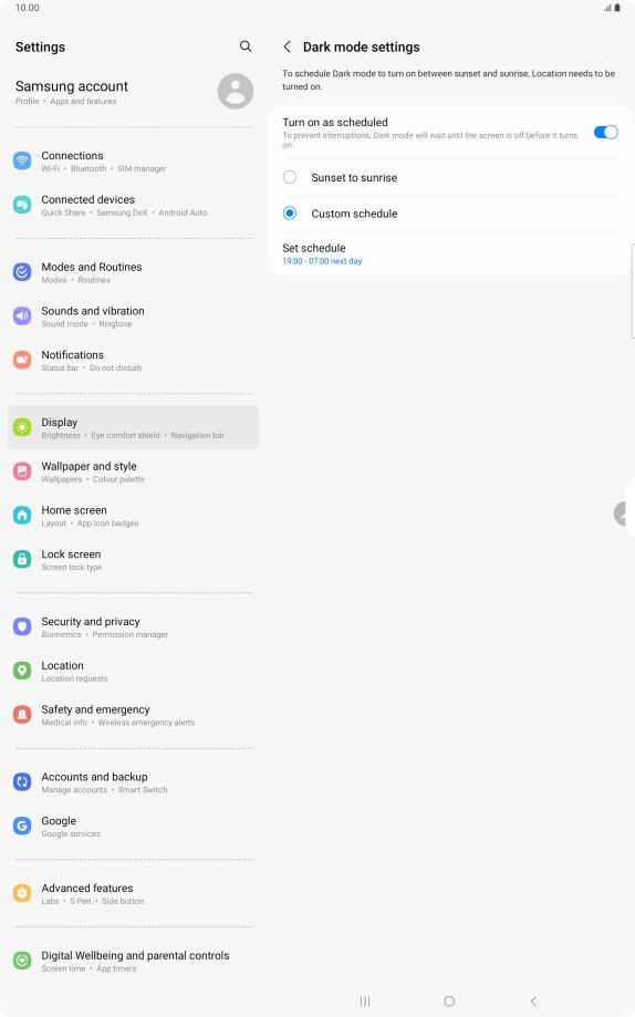 Press the required setting.