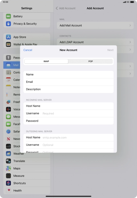 Press Username and key in the username for your email account.