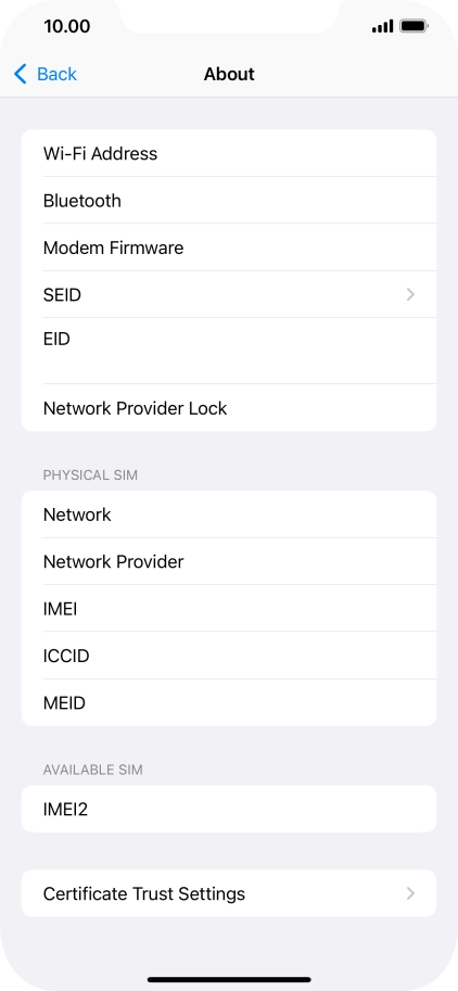 Your phone's EID number is displayed below EID.