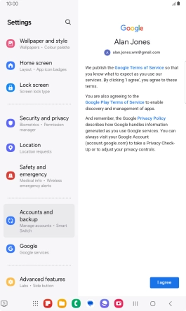 Press I agree and follow the instructions on the screen to select settings for your Google account.