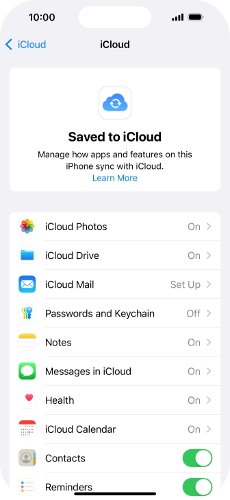 Press the indicators next to the required data types to turn synchronisation of each data type on or off.