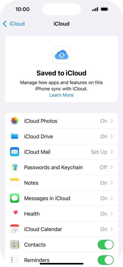 Press the indicators next to the required data types to turn synchronisation of each data type on or off.