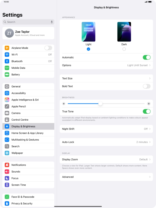 If you turn on the function, press Options and follow the instructions on the screen to select the required period of time for Dark Mode.