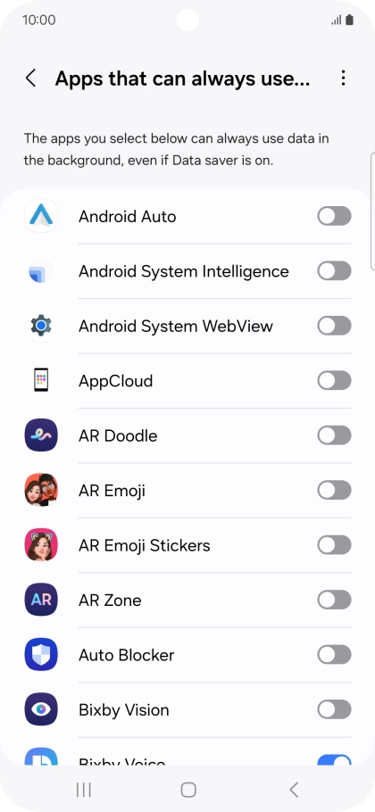 Press the indicators next to the required apps to turn the function on or off.