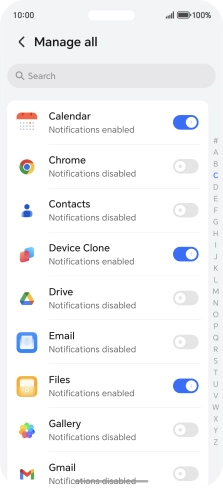 Press the indicators next to the required apps to turn the function on or off.