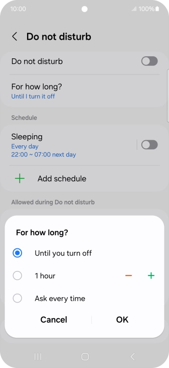 Press the required setting.