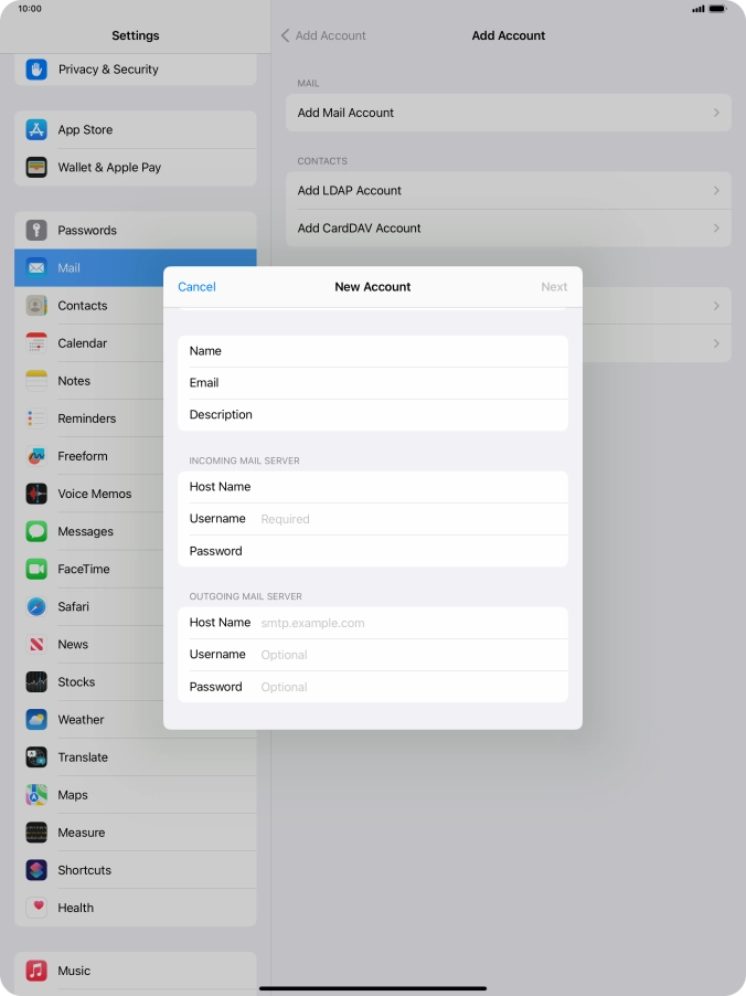 Press Username and key in the username for your email account.