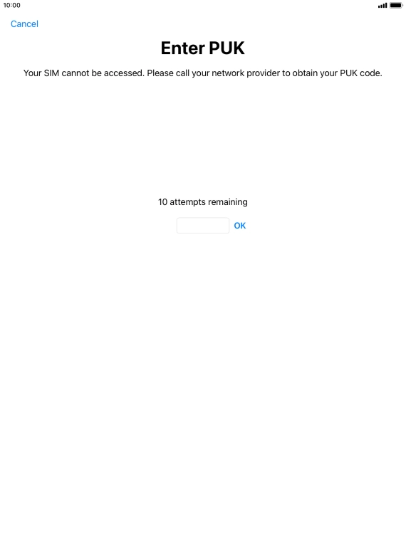 Key in the PUK and press OK.