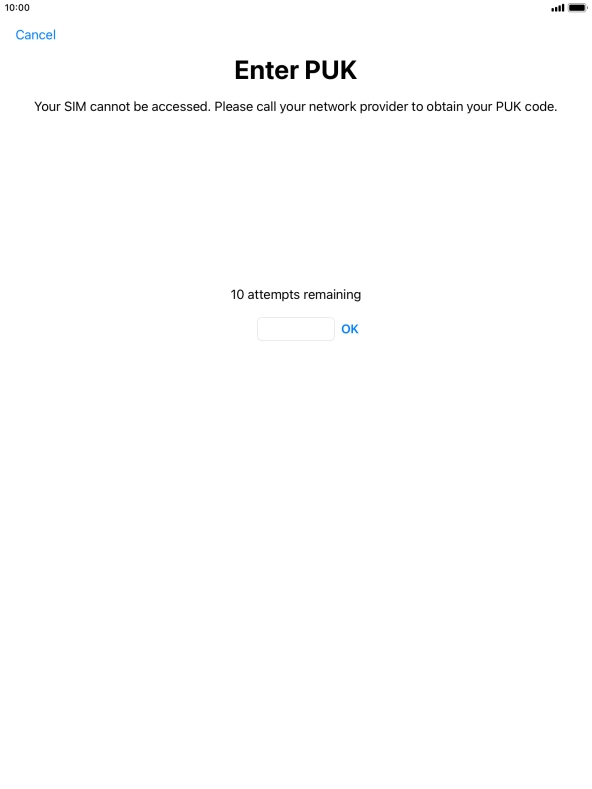 Key in the PUK and press OK.